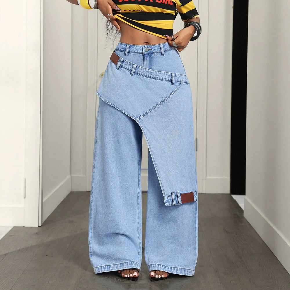 Fashionjeans women's light blue washed stylishfake two-piece loose pants patchwork street loosemop denim pants