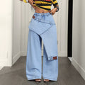 Fashionjeans women's light blue washed stylishfake two-piece loose pants patchwork street loosemop denim pants