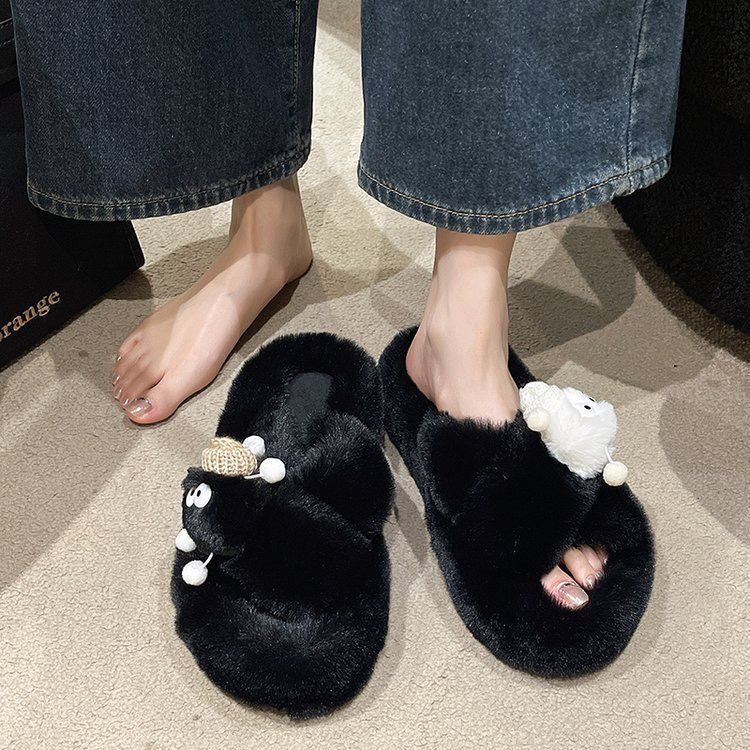 Women's fuzzy slippers - 2024 new fashion, versatile, cute, trendy, thick-soled, non-slip, home cotton slippers, thong sandals
