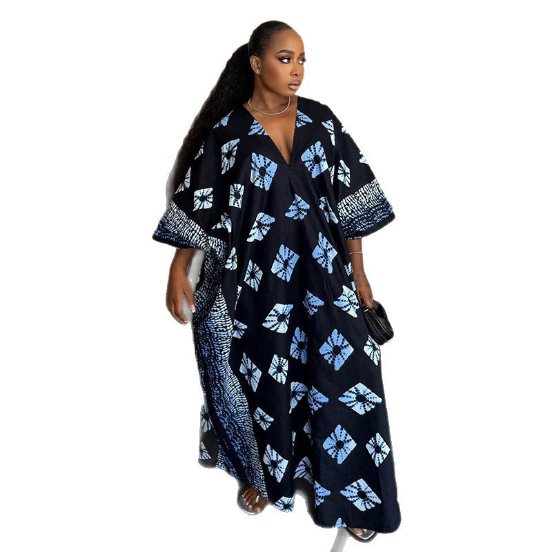 European and american women's clothing  autumn new collection: sweet and fresh printed loose plus size v-neck batwing sleeve maxi dress