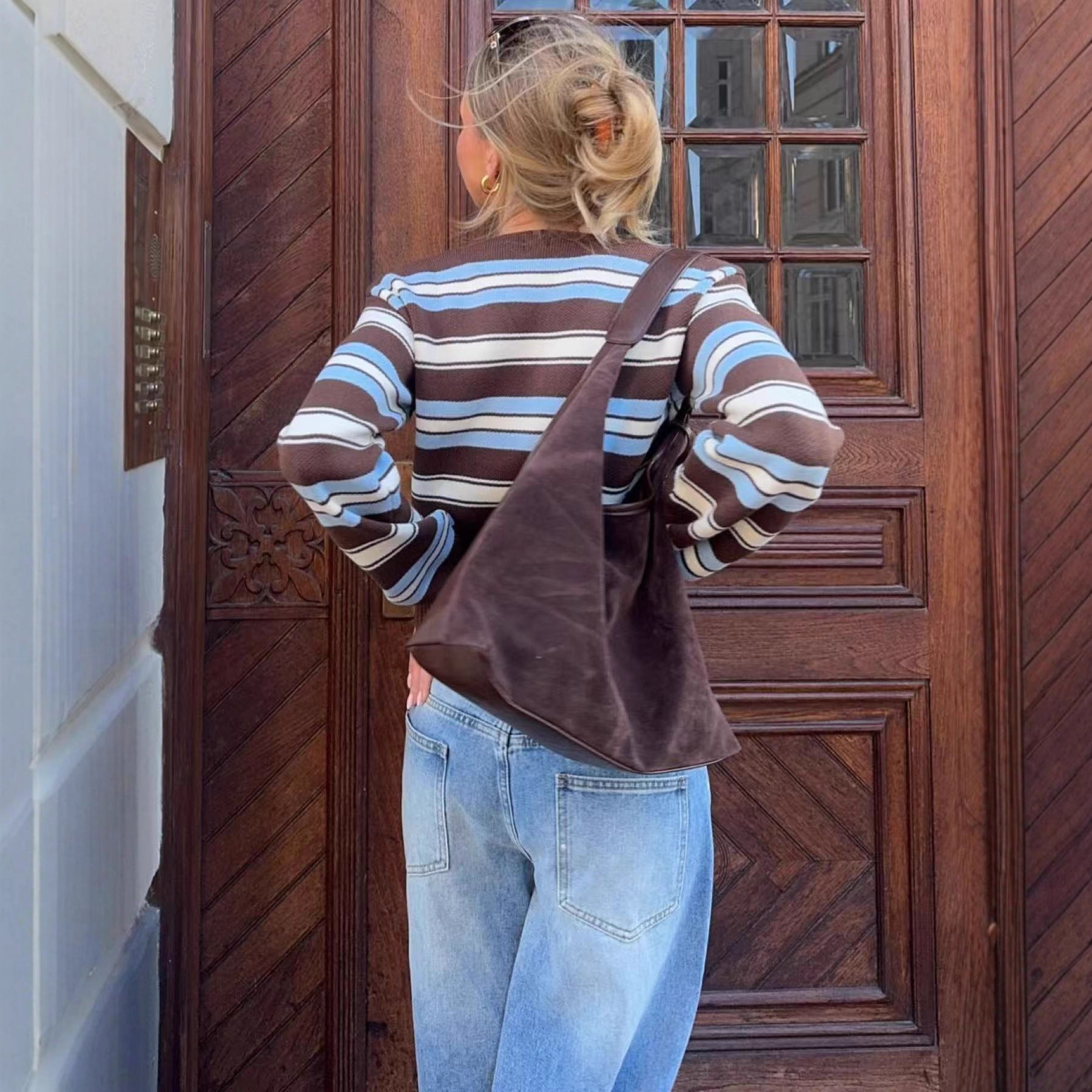 Europe, America,   25 years hot sale Spice Girl V-neck contrasting stripes single-breasted long-sleeved knitted cardigan jacket