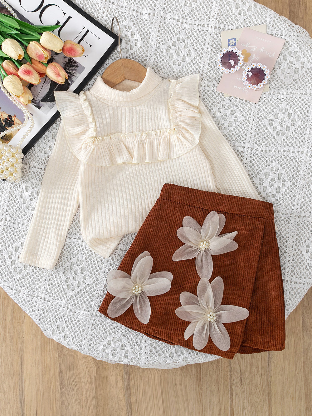 autumn new arrival: cross-border e-commerce sweet ruffle top & 3d floral shorts two-piece set for girls