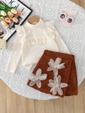 autumn new arrival: cross-border e-commerce sweet ruffle top & 3d floral shorts two-piece set for girls