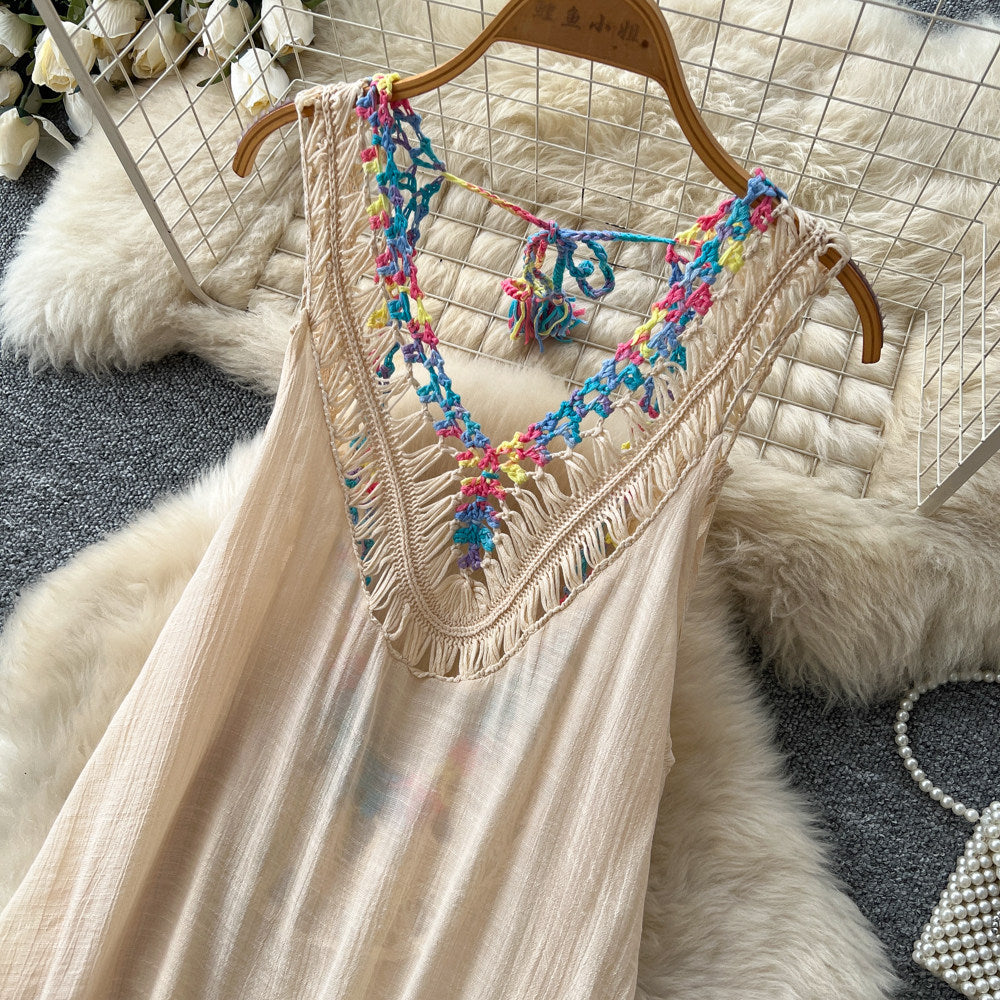 Bohemian tassel crochet dress - women's summer korean style v-neck embroidered vacation maxi dress - high waist slimming