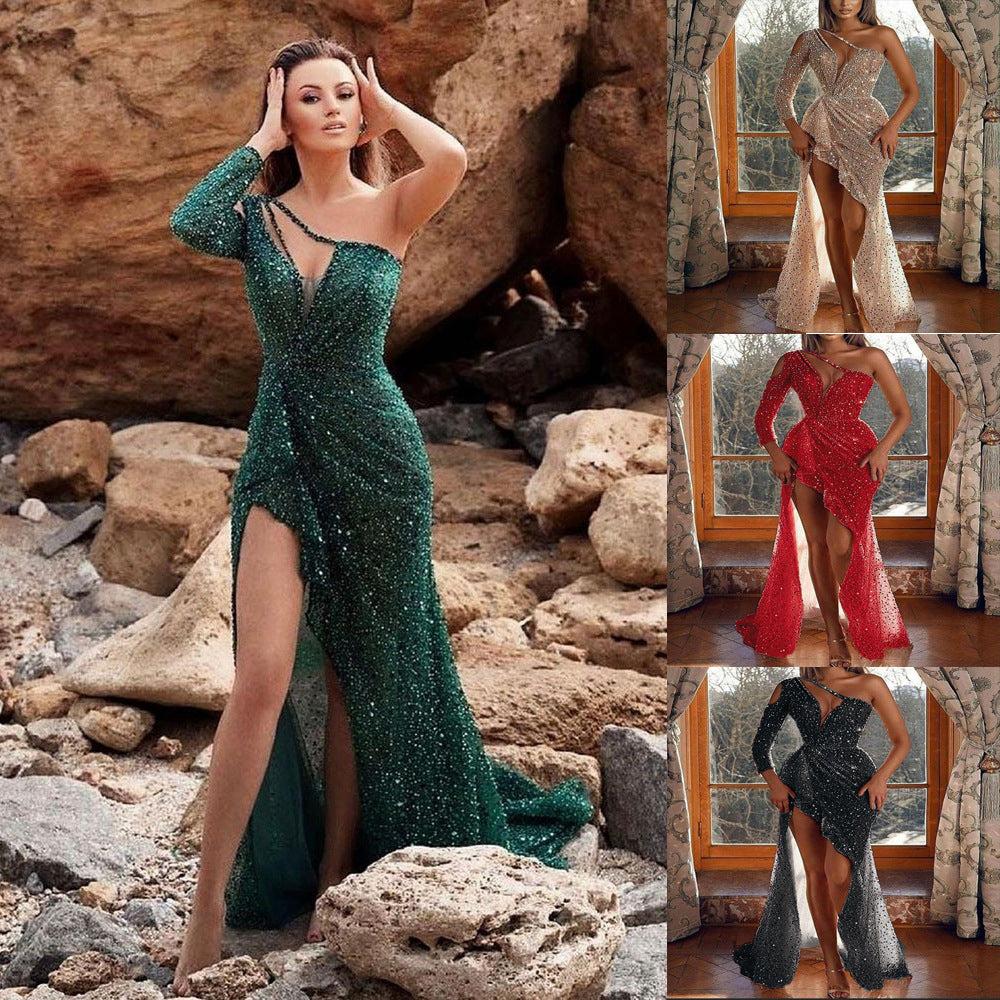 cross-border women's dreamy socialite party high-quality sexy high-slit long sleeve sequin banquet evening gown