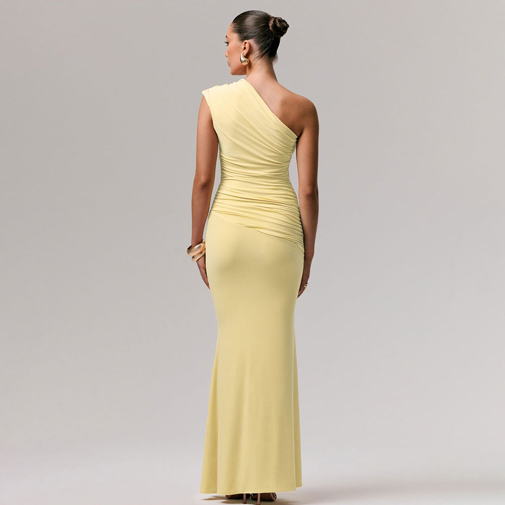 Amazon us & europe women's clothing  summer new fashion solid color elegant one-shoulder sexy slim-fit dress wholesale