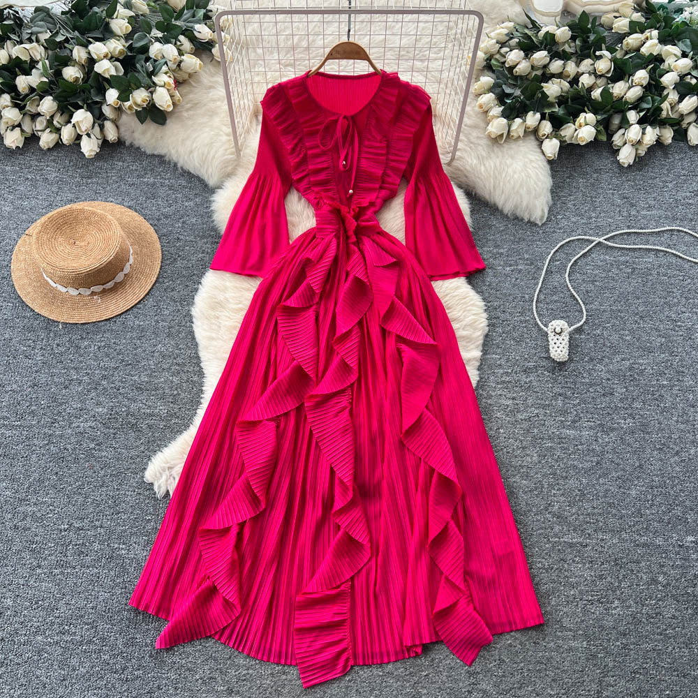 Korean style ruffle trim pleated bow dress - women's long sleeve tie-waist design a-line dress - rose red
