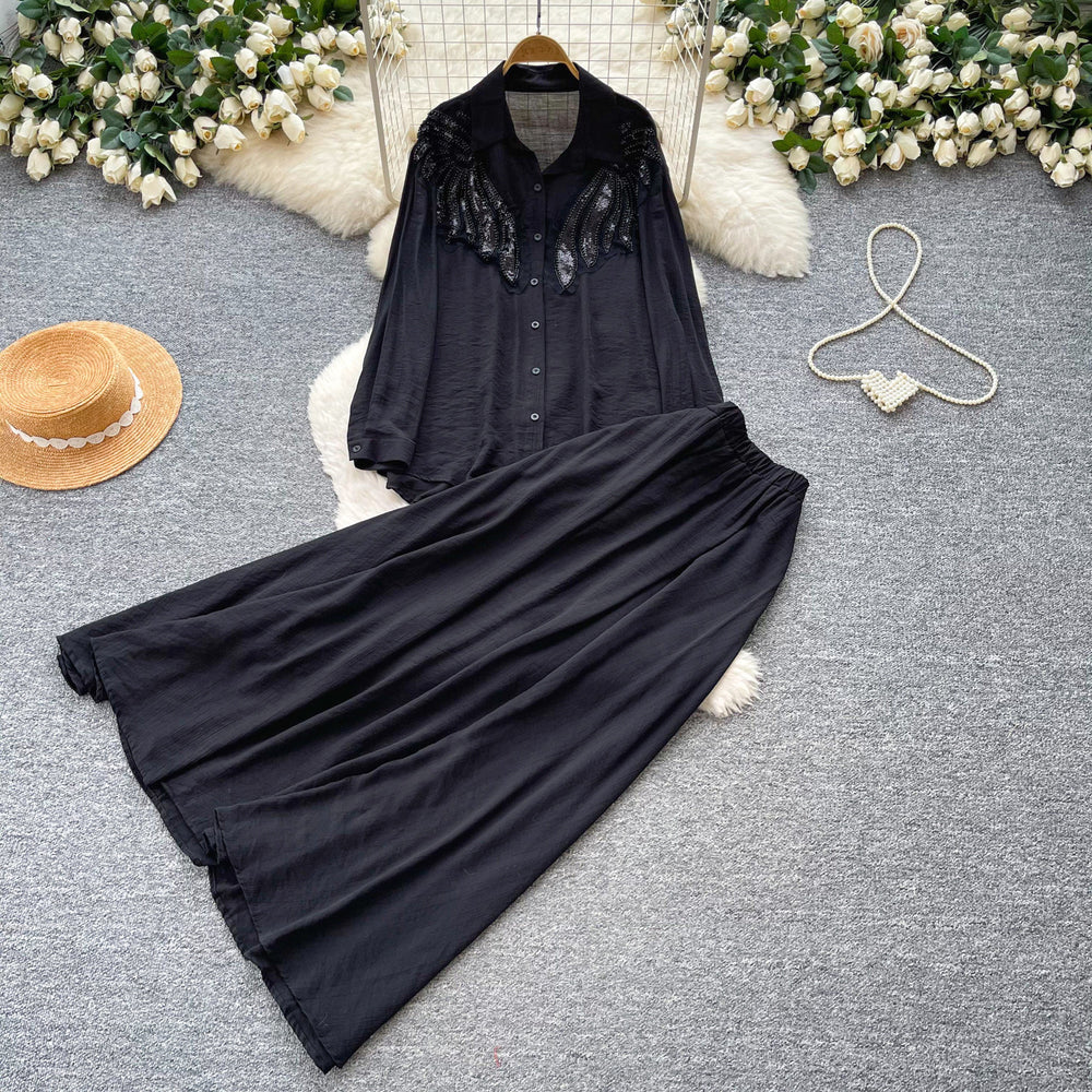 Gentle and lazy style heavy industry embroidered beads sequin lapel shirt skirt two-piece set for women autumslimming lookelegant