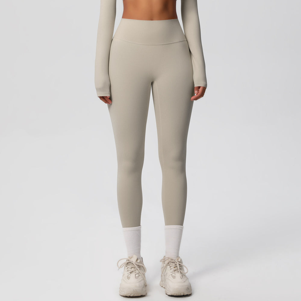Ready-to-ship european and american style, solid color, double-sided brushed, high-waisted, quick-drying leggings for layering, fitness, outdoor running, and yoga