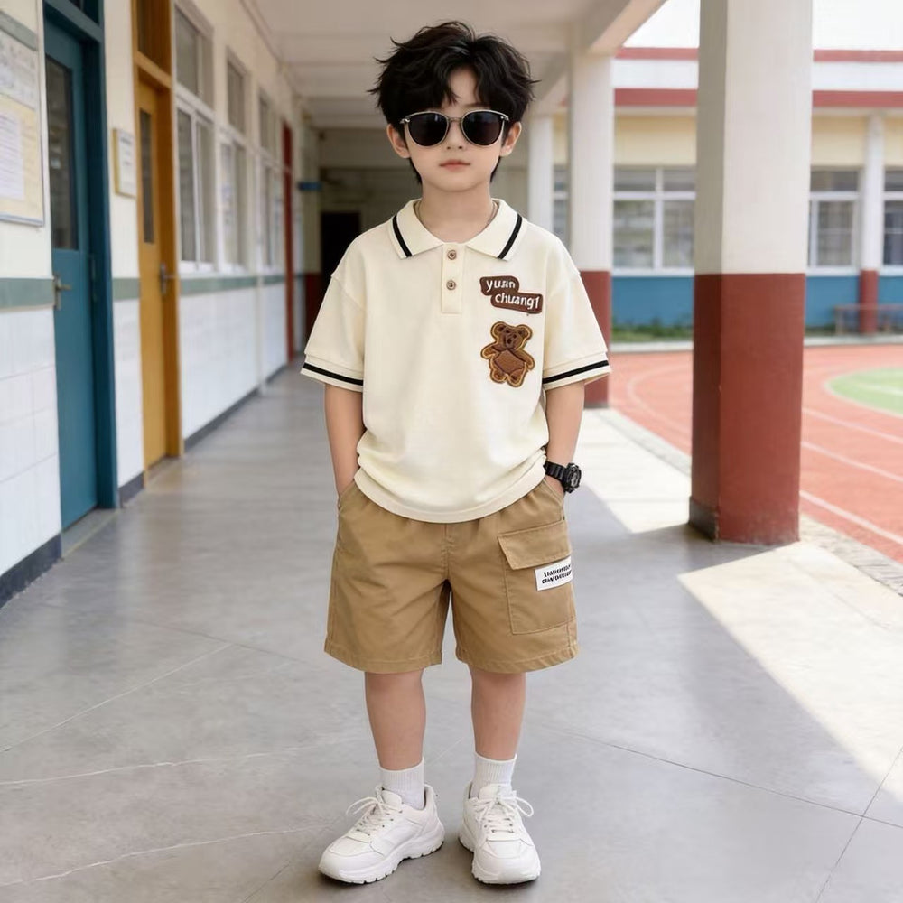 new boys' summer outfit: bear embroidered set - baby polo shirt & cargo shorts two-piece wholesale