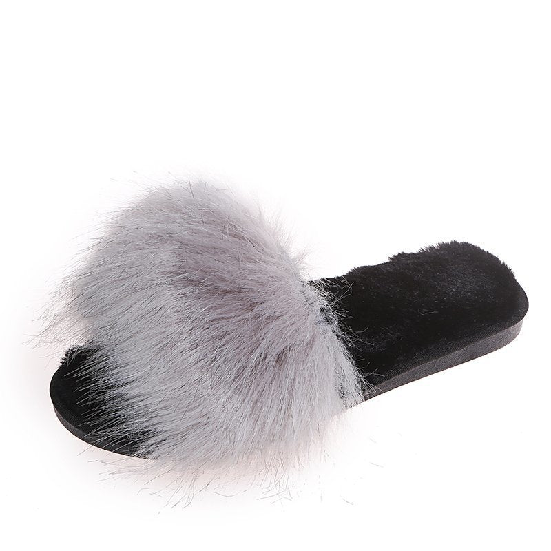 Amazon export one-character plush home cotton slippers women's autumn and winter new fashion outwear fur slippers wholesale