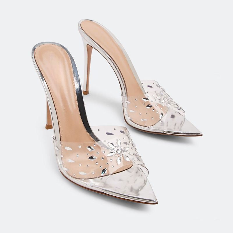 Xd huizhou 2026 autumn new snowflake rhinestone high heel slippers - european & american style, chic, versatile, silver pointed toe