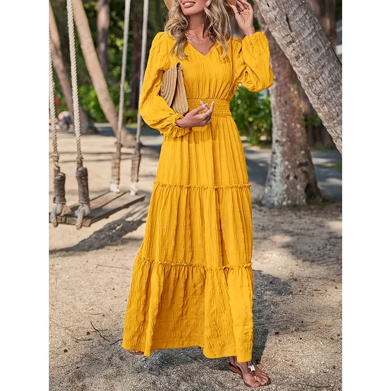 listing: new  women's original elegant elastic waist long sleeve solid color v-neck a-line dress