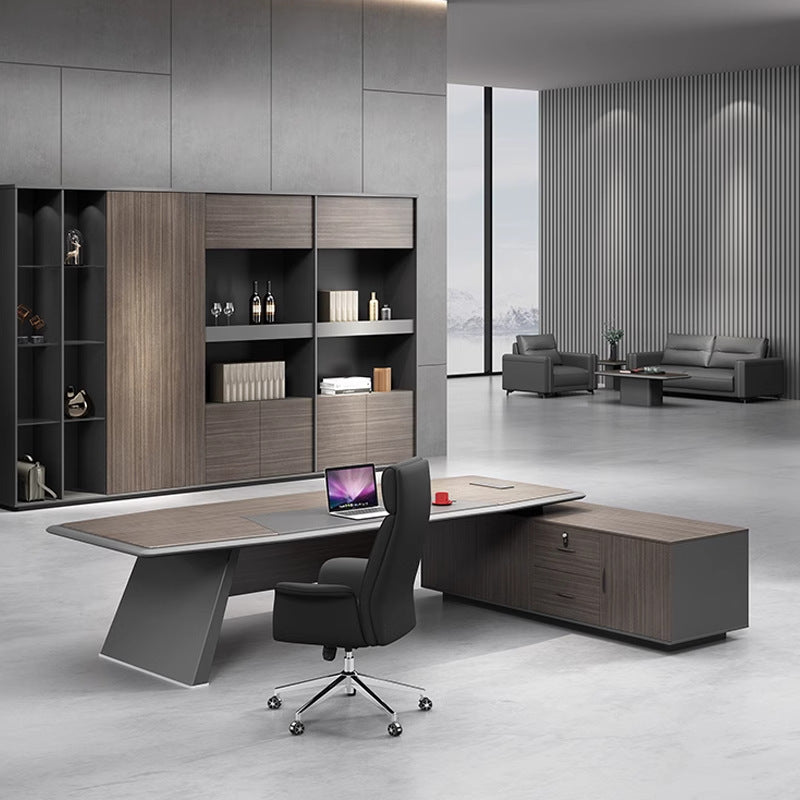 High-end, minimalist, and modern office desk and chair set. executive desk, manager's desk, lacquered finish, understated luxury, suitable for executive offices and boardrooms