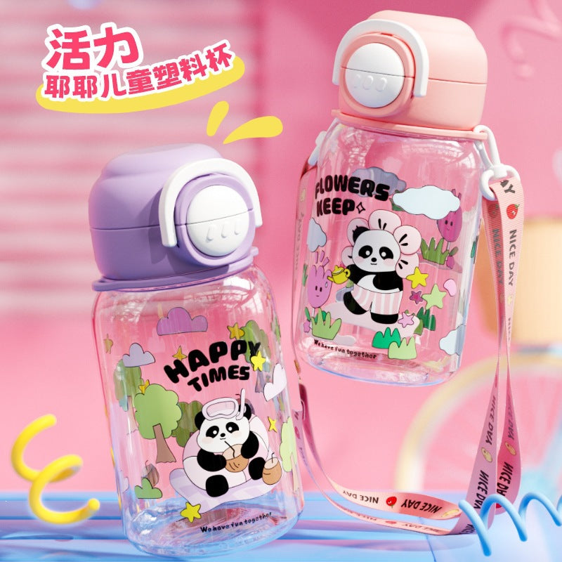 Cartoon panda kids water bottle, plastic cup, student food-grade double-drink straw cup with strap, portable water bottle, large capacity
