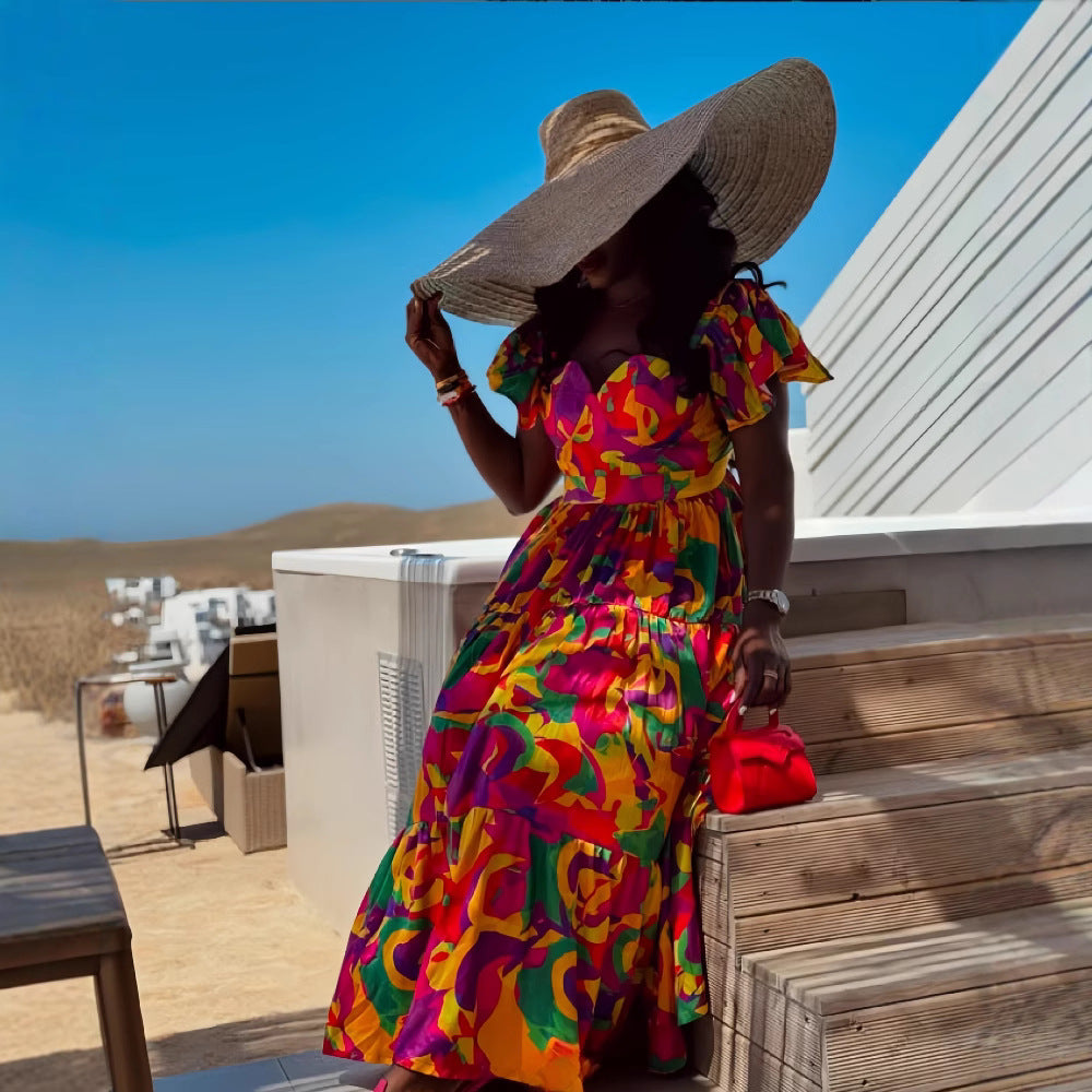 European and american cross-border women's fashion:  early spring puffy short-sleeve color block print, cinched waist, pleated, long, flared maxi dress