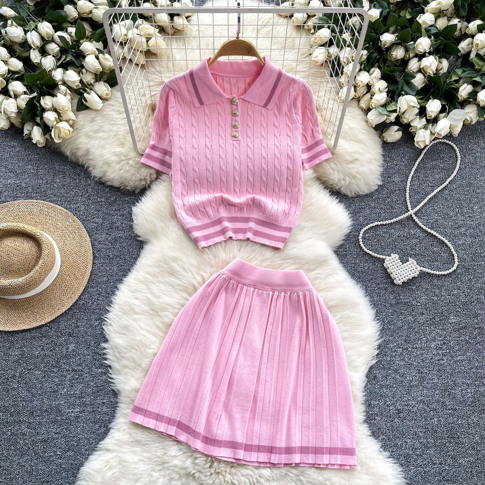 Summernew arrivaleasiest for matchknitting shirttwo-piece setfemaleretrocontrast color short-sleeved tops+high waistpleated skirt
