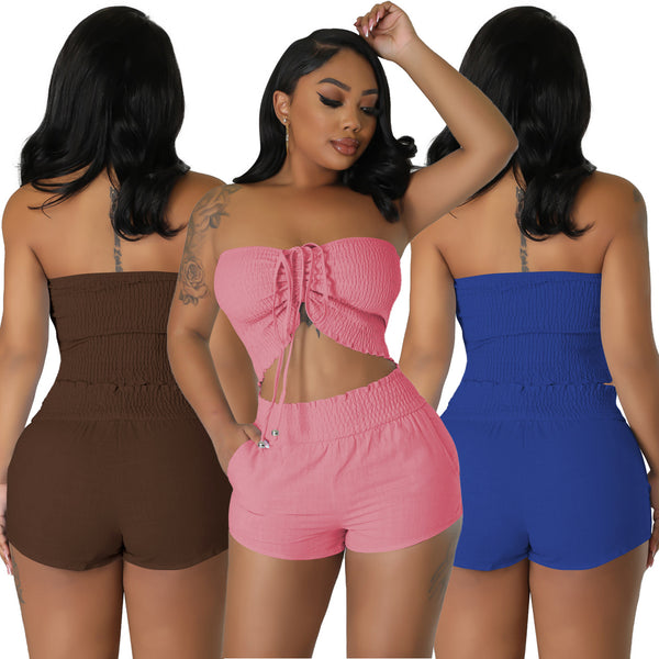 YD8727-A7 special products are non-refundable and non-exchangeable, European and American women's clothing, fashionable and casual off-the-shoulder drawstring two-piece set.