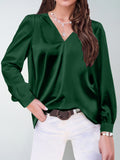 hot-selling women's satin ruched long sleeve top - v-neck casual loose satin commute blouse
