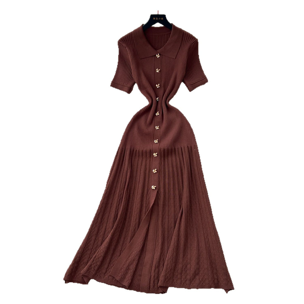 Frenchretropolo collar short-sleeved metal button silmslimming lookdress women's classy sense waist knitting long skirt