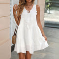 Bohemian white sleeveless dress - new summer ethnic style tassel v-neck short vacation beach dress
