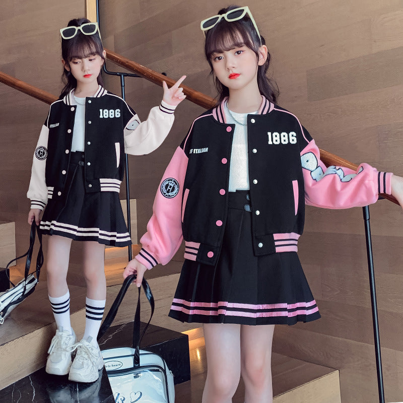 Baseball uniform girlsuitkorean style trendy clothing spring & fall clothing new arrivalchildren'spreppy stylejkpopularpleated skirt