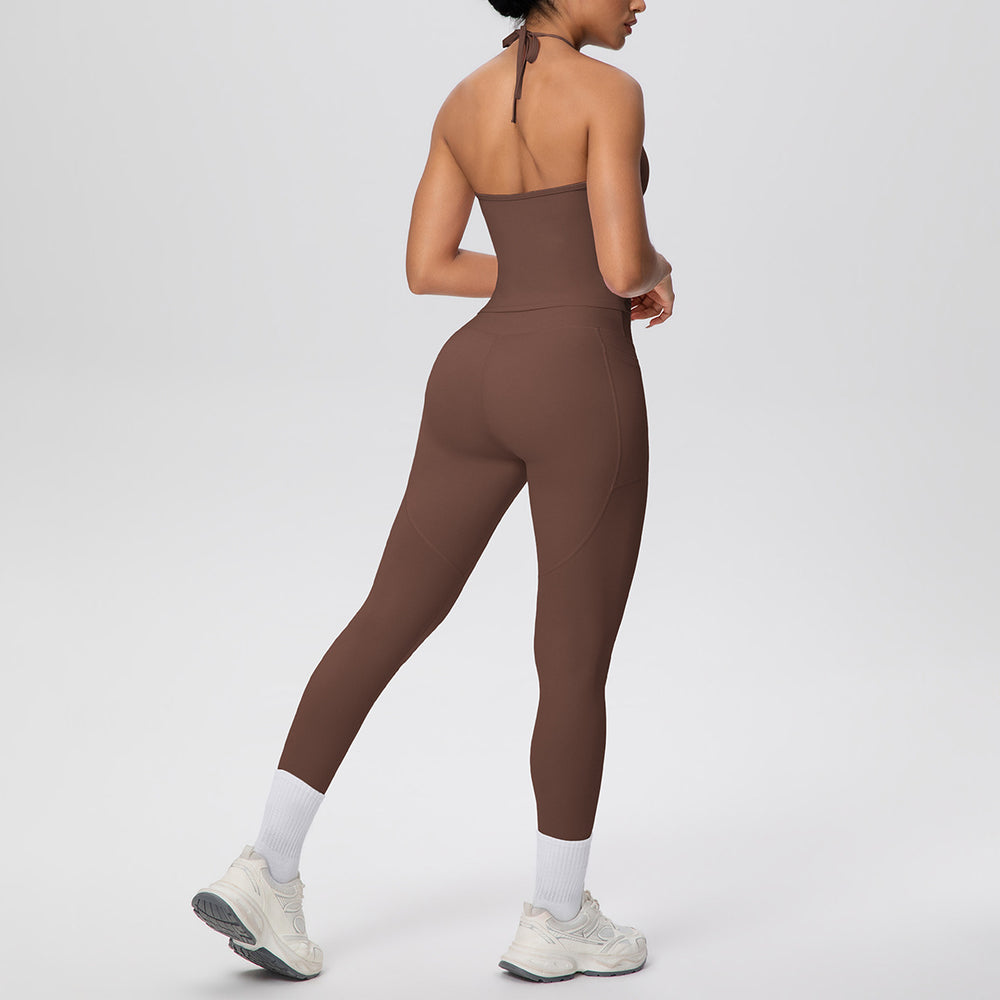 pure color brushed beautiful back tight strap halterflap pocket pants yoga suit sports running fitness two-piece set