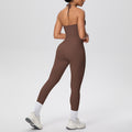 pure color brushed beautiful back tight strap halterflap pocket pants yoga suit sports running fitness two-piece set