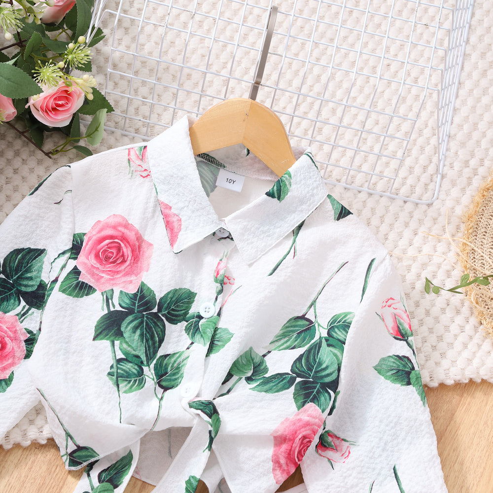 Girls' two-piece set for mid-to-large children: floral long-sleeve dress with collar
