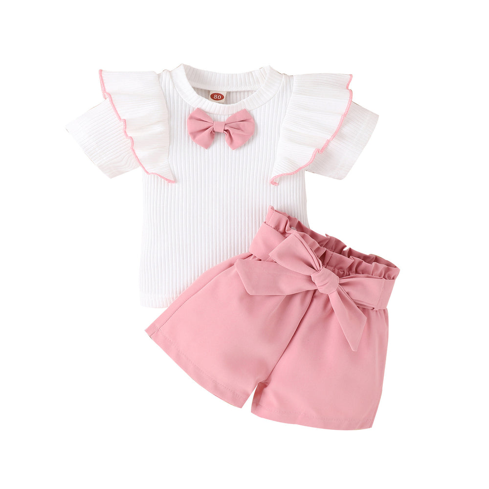 Kids' korean style summer outfit: bowknot short-sleeve ruffle top and belted pants set for girls (pullover style)