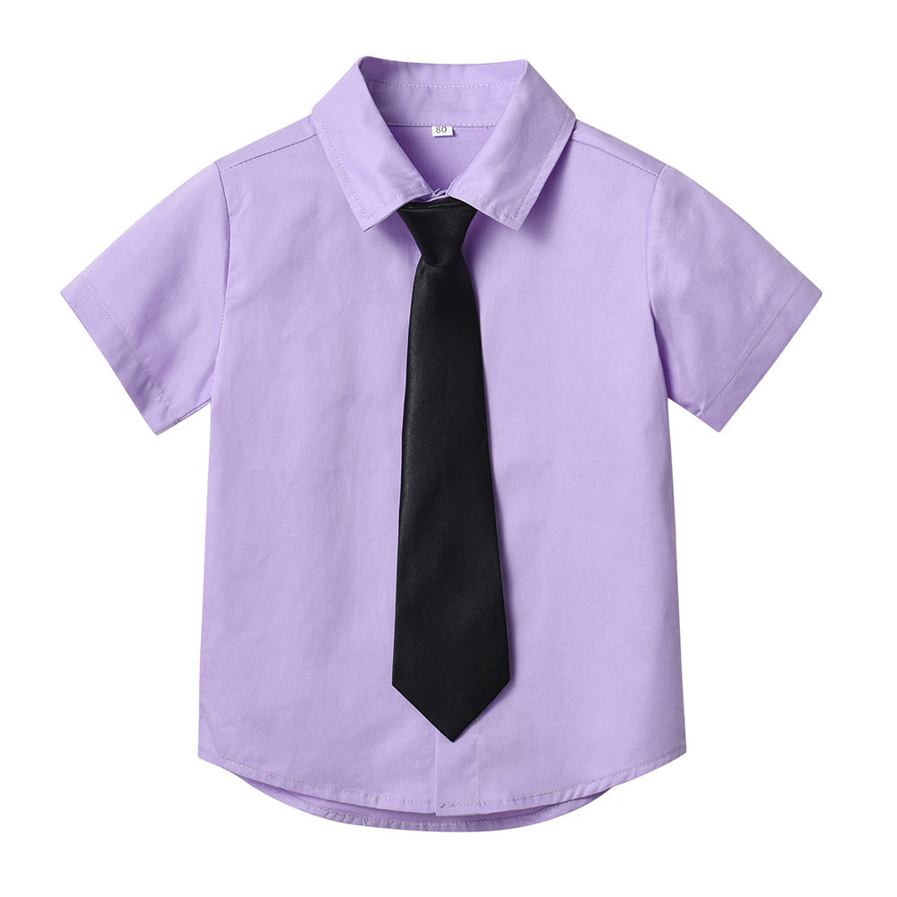 Boys' cotton shirt - korean style, new spring/summer trendy design with tie, baby white, stylish preppy school style boys' shirt