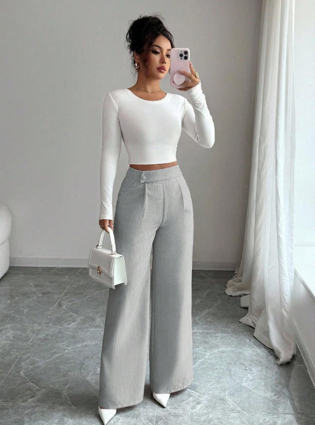 spring/summer new arrival: women's pink high-waisted trousers with button-decorated waist patch – elegant, casual, and versatile