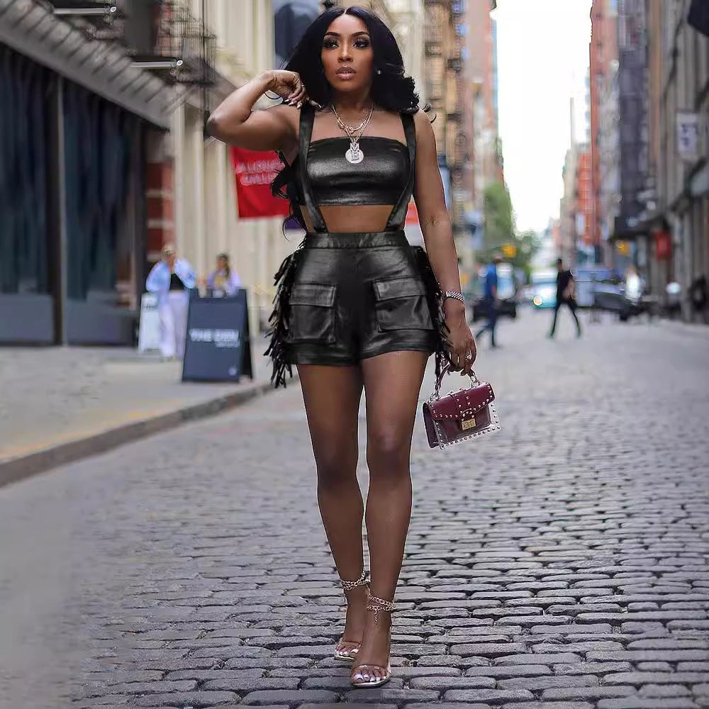 e-commerce source factory: european and american style sexy metallic bandeau top with tassel strap shorts fashion set