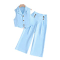kidssuit sky blue lapel sleeveless open lining suit pants girl summercasualtwo-piece set