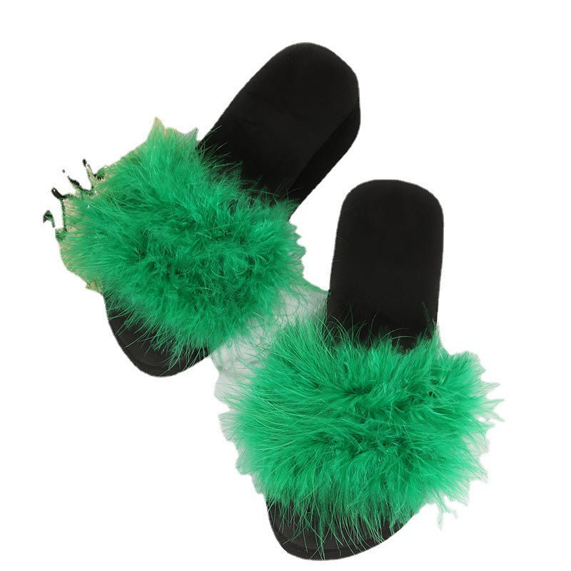 Ostrich feather sandals women's outdoor wear 2025 summer new style "stomping on shit" comfort high-end thick sole beach plus size flip-flops