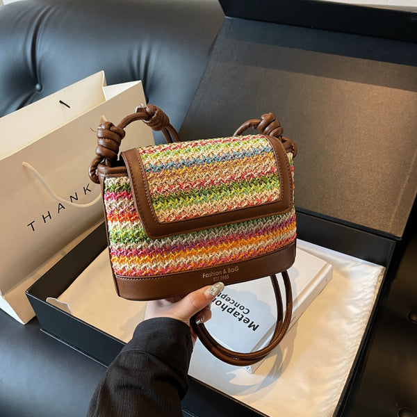 Rainbow straw small bag women's 2025 summer new fashion shoulder bag knot simple messenger bag beach bag