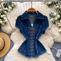Commuting style v neckcomfortable breathable strappy denim shirt women's summer waist slimming looksense of design short-sleeved tops