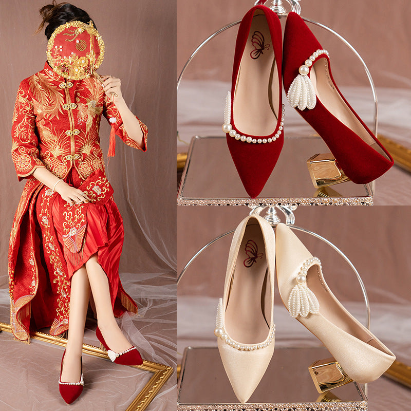Ready-to-ship 2022 new red bridal shoes, engagement shoes, chunky heel red wedding shoes, bridesmaid performance shoes