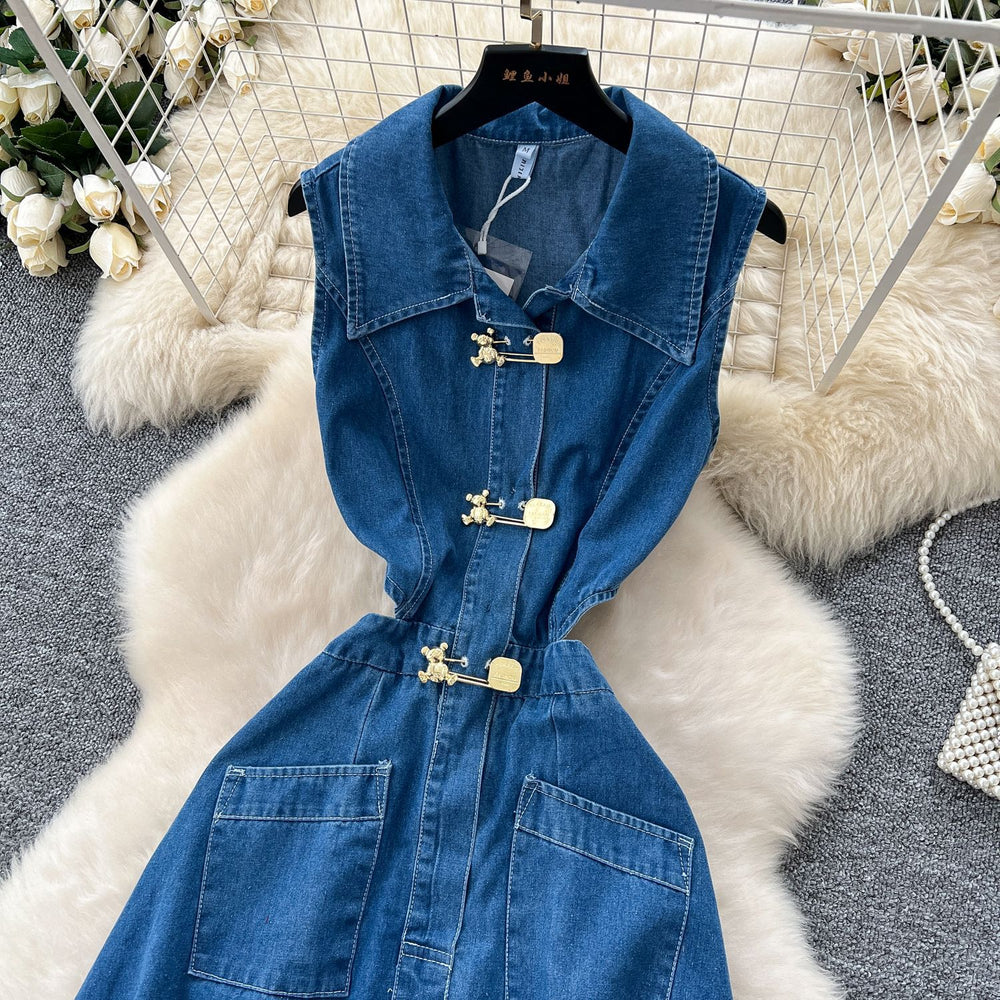 summer new arrival: women's denim dress - designer cutout, waist-exposed, slimming, elegant, slit, sleeveless maxi dress