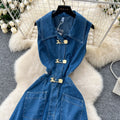 summer new arrival: women's denim dress - designer cutout, waist-exposed, slimming, elegant, slit, sleeveless maxi dress