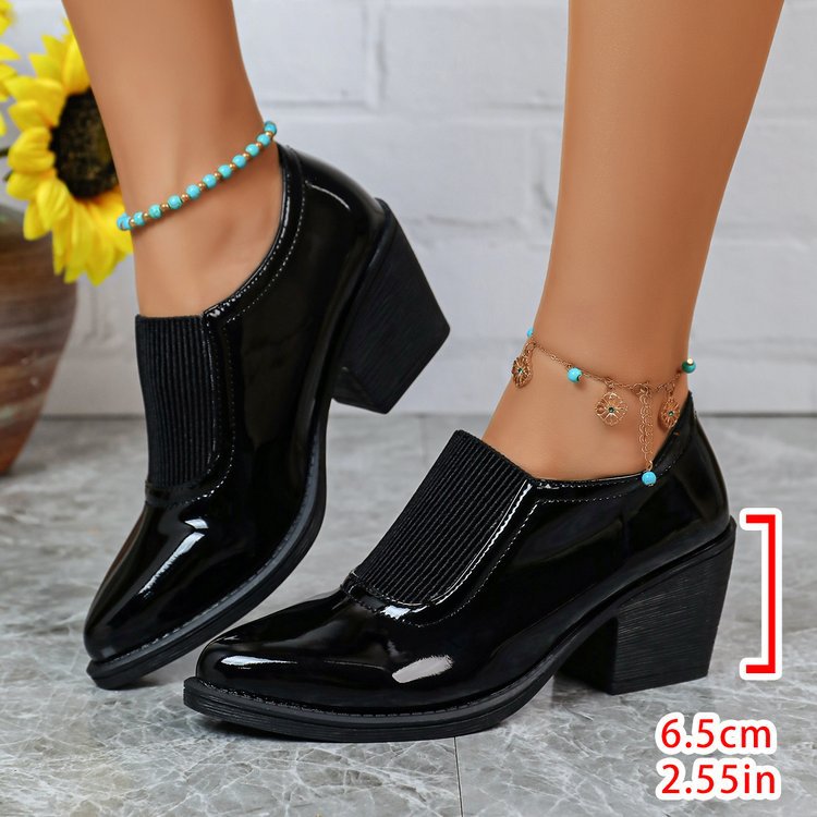 Export patchwork elastic pointed toe women's shoes thick heel deep mouth plus sizeflatsretro medium heel fashion professional small leather shoes