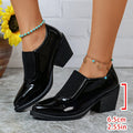 Export patchwork elastic pointed toe women's shoes thick heel deep mouth plus sizeflatsretro medium heel fashion professional small leather shoes