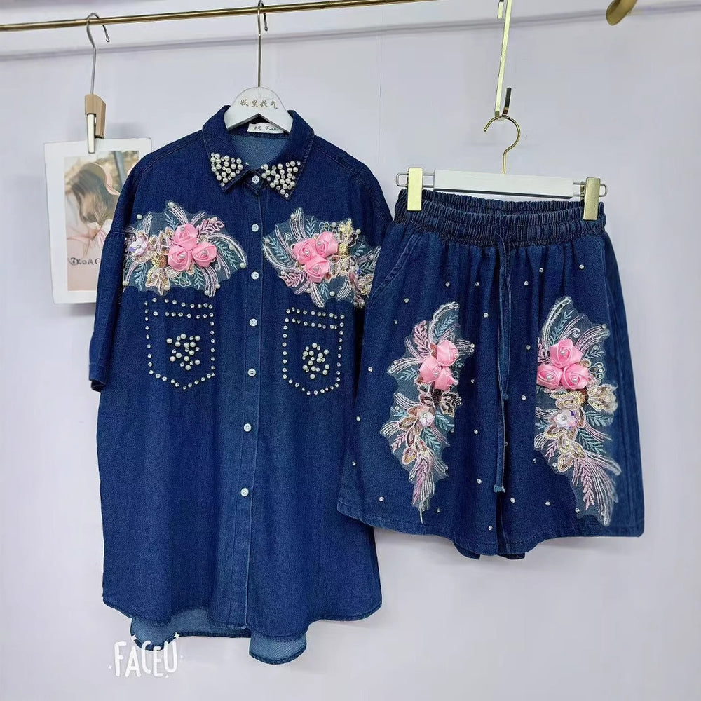 new european style heavy-duty denim set for women: designer cardigan and shorts, unique, fashionable, and relaxed fit two-piece outfit