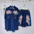 new european style heavy-duty denim set for women: designer cardigan and shorts, unique, fashionable, and relaxed fit two-piece outfit