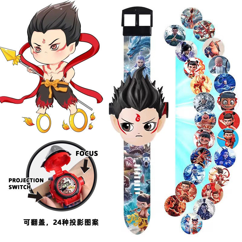 Nezha: the demon child rages in the sea - third prince electronic watch with 24 projection patterns, flip-top cartoon watch toy