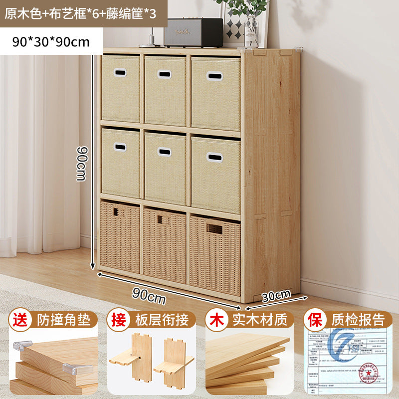 Solid wood bookshelf shelf floor-to-wall combination lattice cabinet living room kindergarten storage low household bookcase