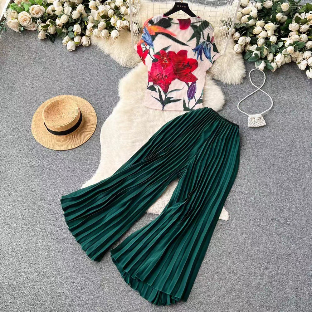 European and american cross-border fashion women's clothing:  summer new arrivals - french-inspired printed tops and loose solid color pleated wide-leg pants