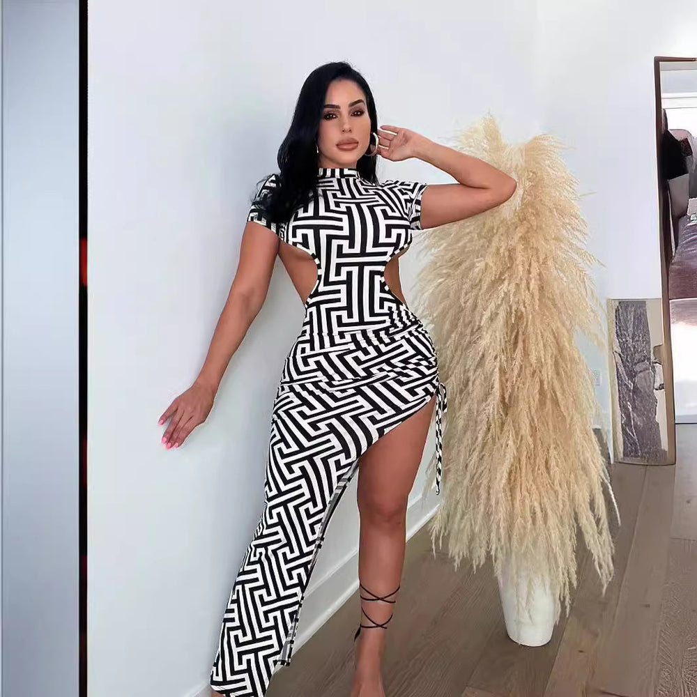 cross-border  fashion summer new printing skirt back cut out side slit drawstring sexydress