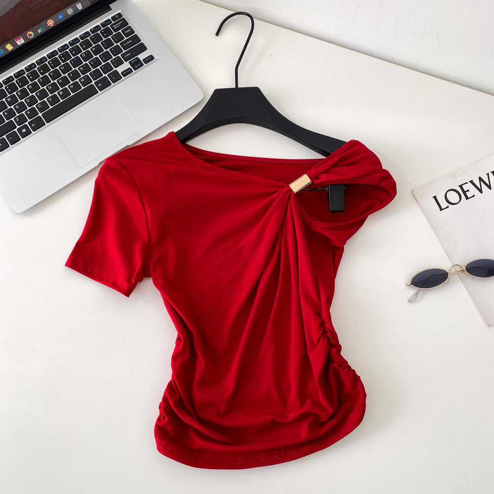 Korean style commute chic one-shoulder twist knot minimalist short sleeve t-shirt - women's summer loose fit, slimming design with ruched detail