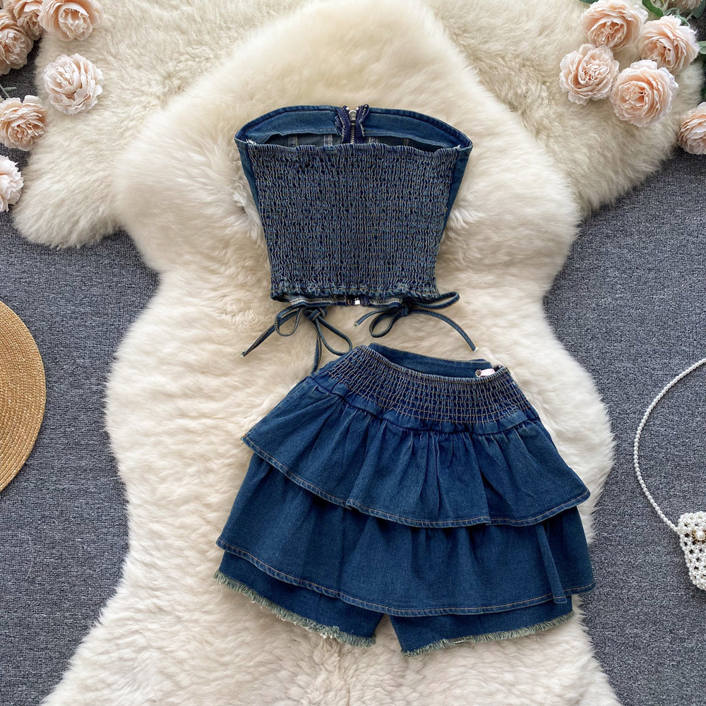 Pure desire sexy hot girl denim suit women's french strap sleeveless tube top vest high waist a-line cake skirt